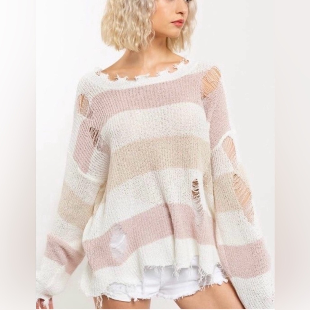 SewChicBoutique Cream and Pink Striped Sweater